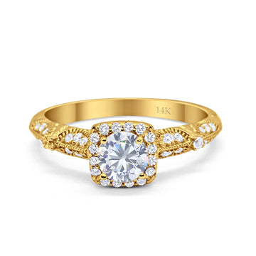 14K Yellow Gold Halo Round Bridal Wedding Engagement Ring Simulated CZ Size-7